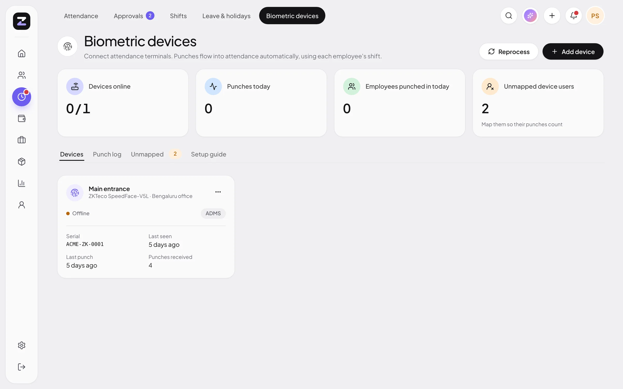 ZodHR Biometric devices screen with a connected device, punches today and unmapped device users