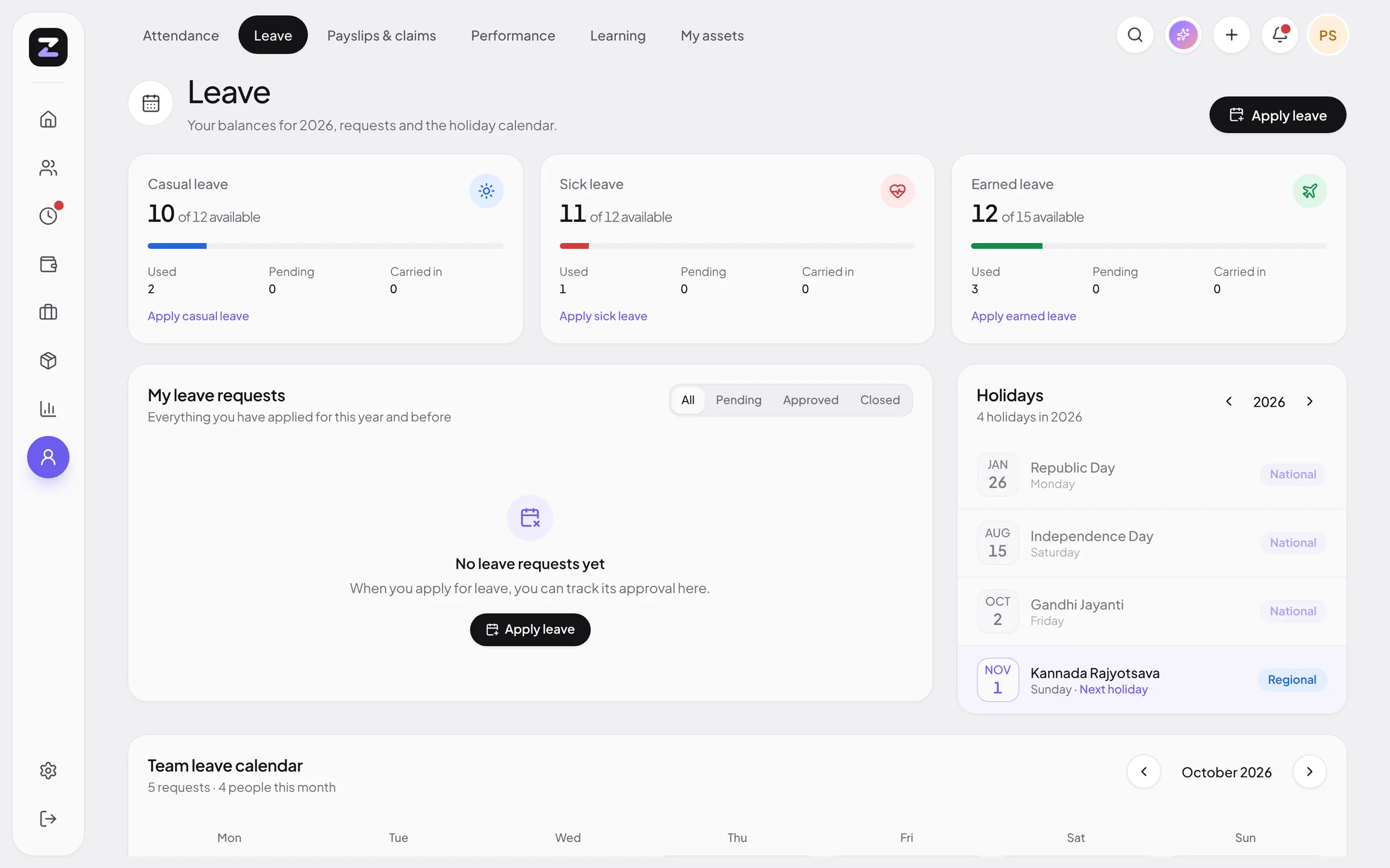 ZodHR leave screen