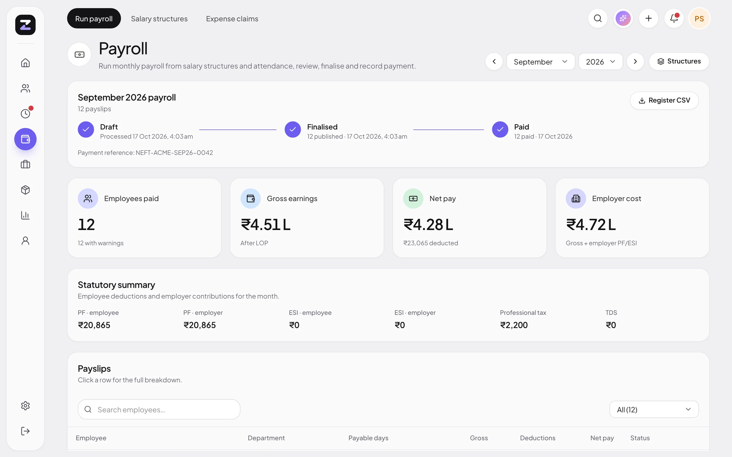 ZodHR payroll screen